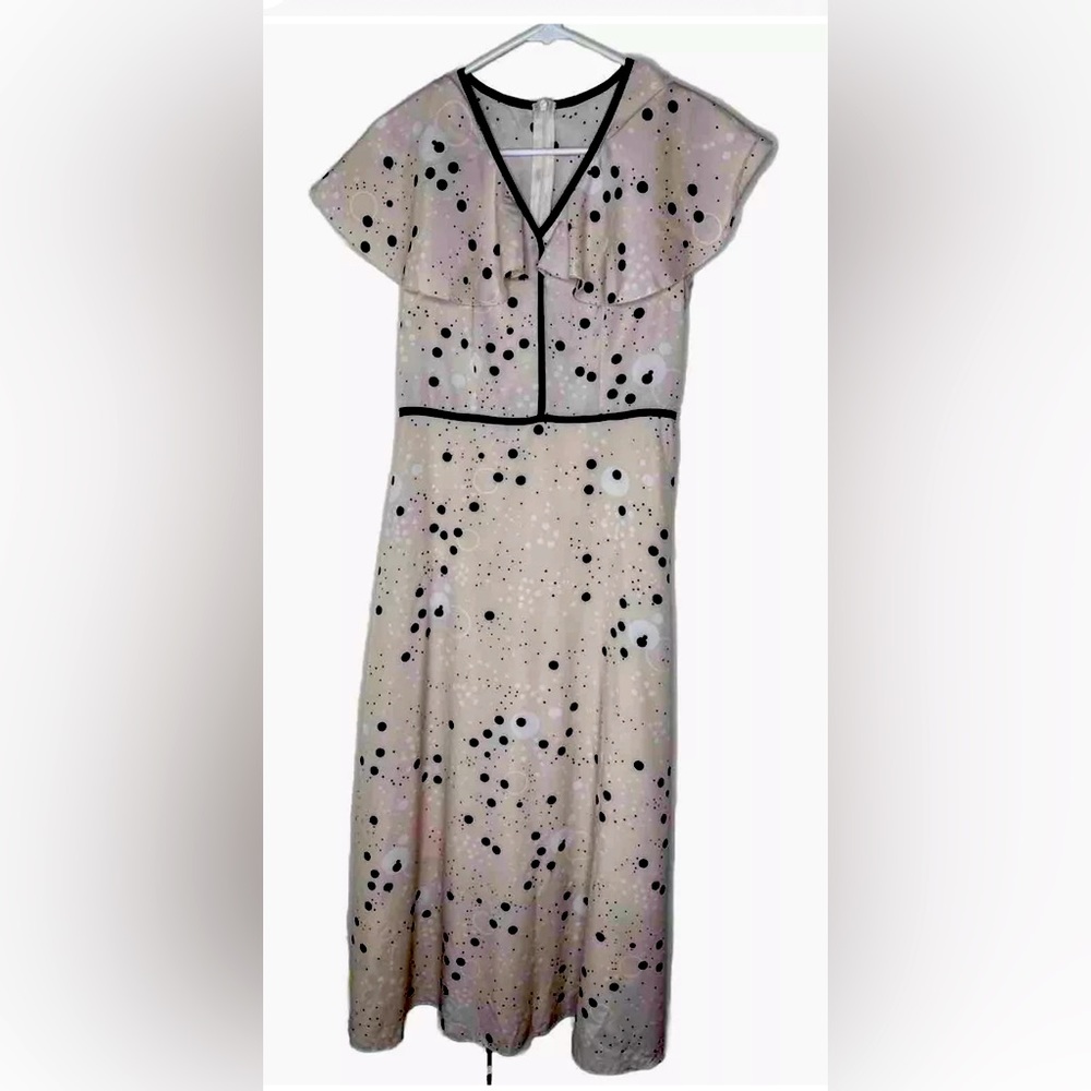 SHEIN Maxi Dress Small Pink Black Polka Dot V Neck Ruffle Sleeveless Cottagecore